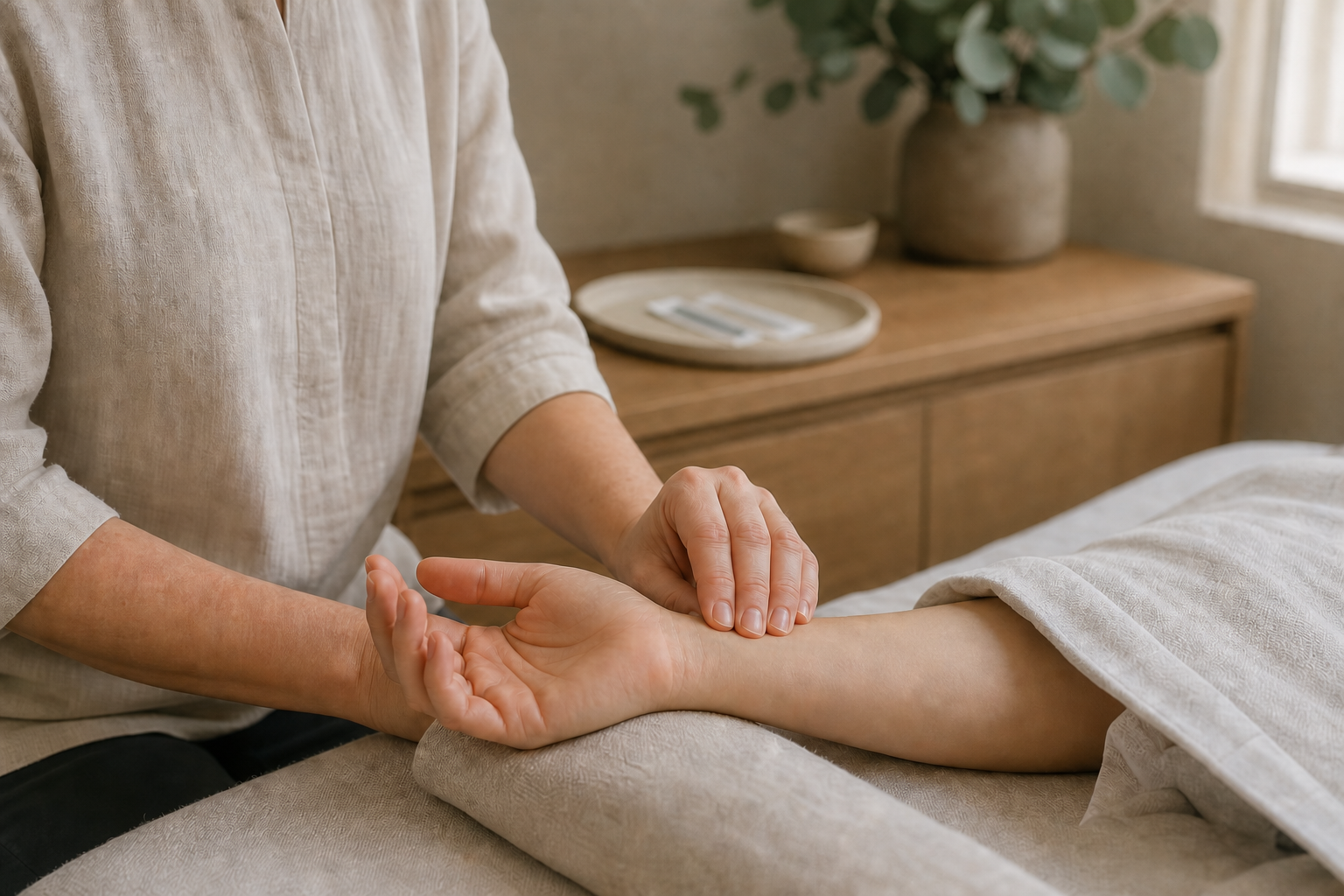 An acupuncturist gently assessing a patient’s wrist pulse