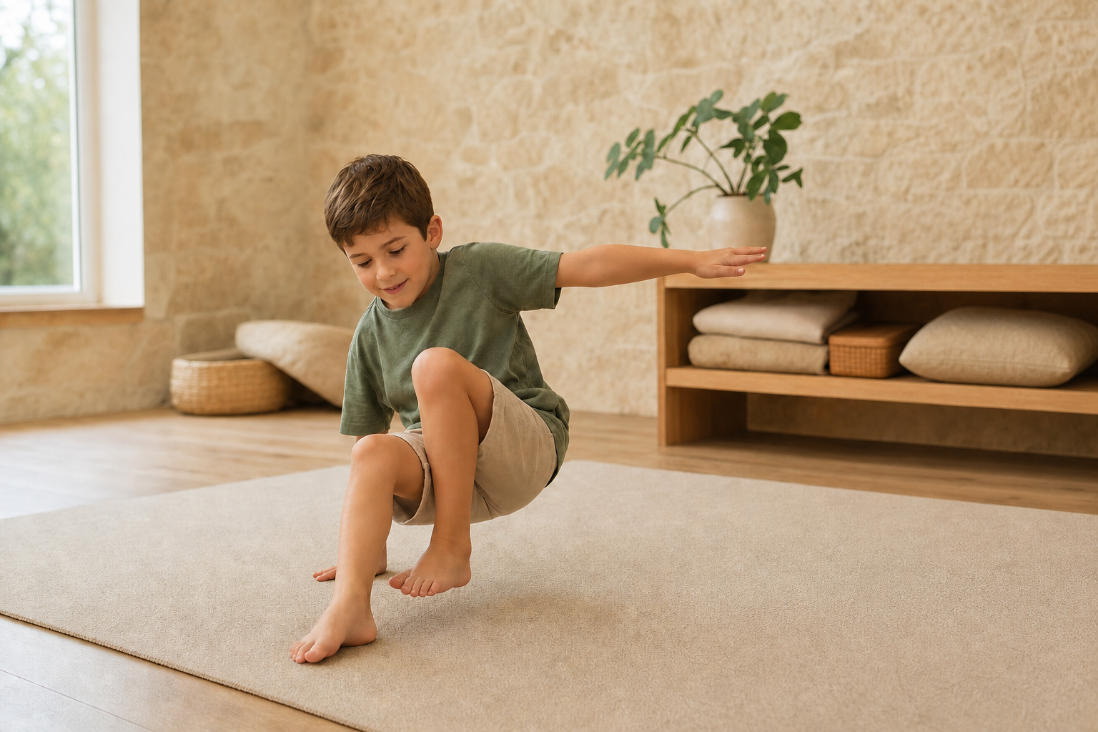 A child exploring a gentle cross-body balance movement