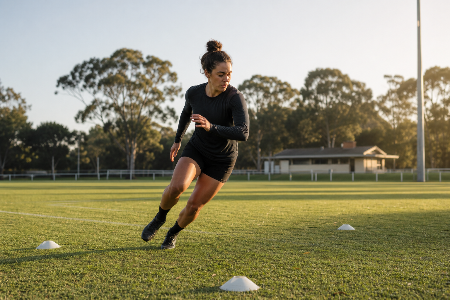 An athlete completing a change-of-direction drill on a sports field